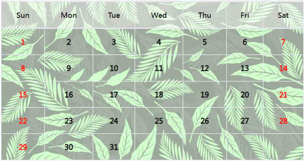 葉子月曆模板